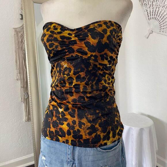 Early 2000’s Cinched Animal Print Black Gold Cheetah Glitter Tube Top M - Picture 3 of 7